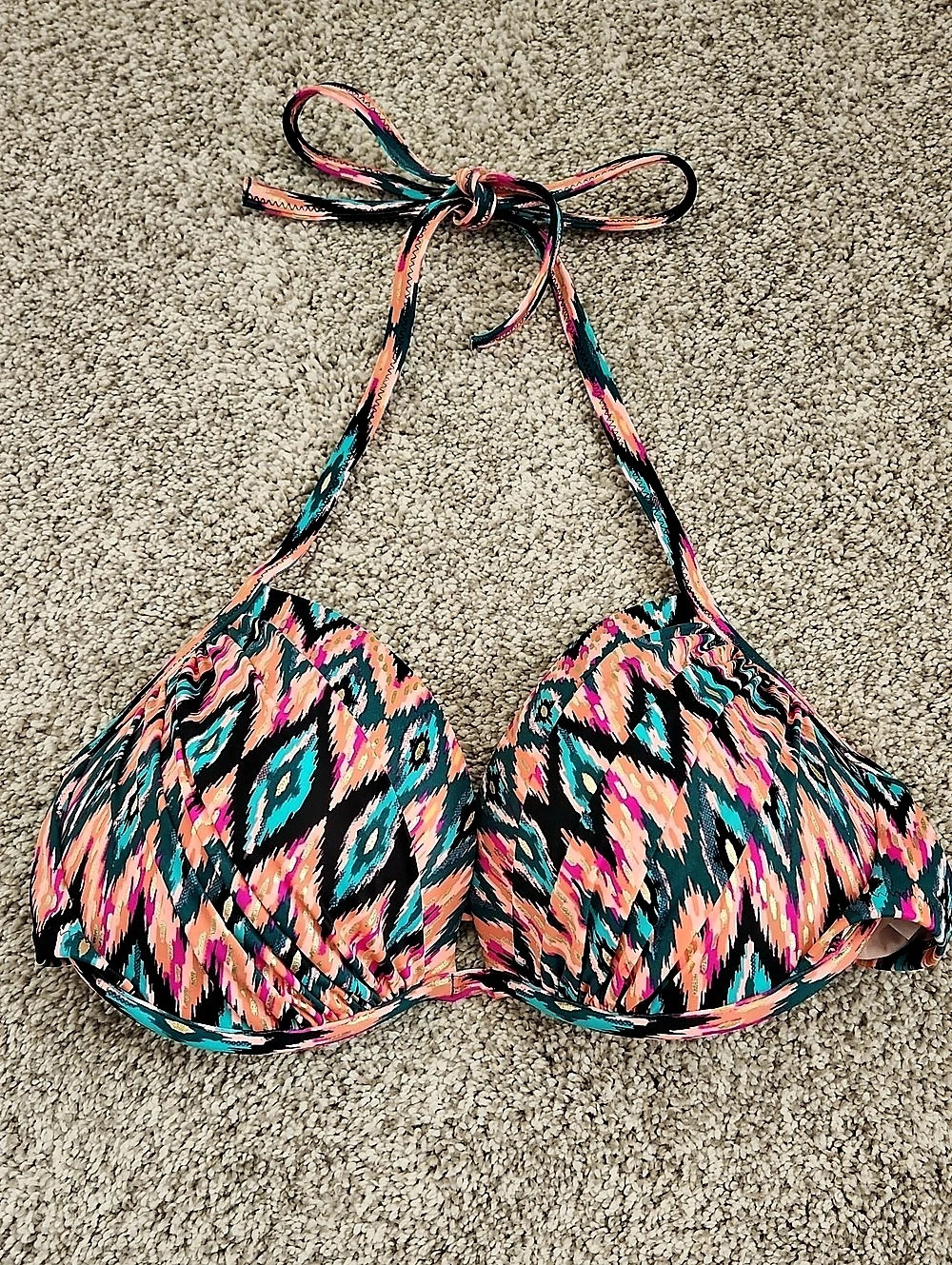 Shade & Shore Abstract Padded Bikini Top Pink, Coral, Teal & Black 36C Like New